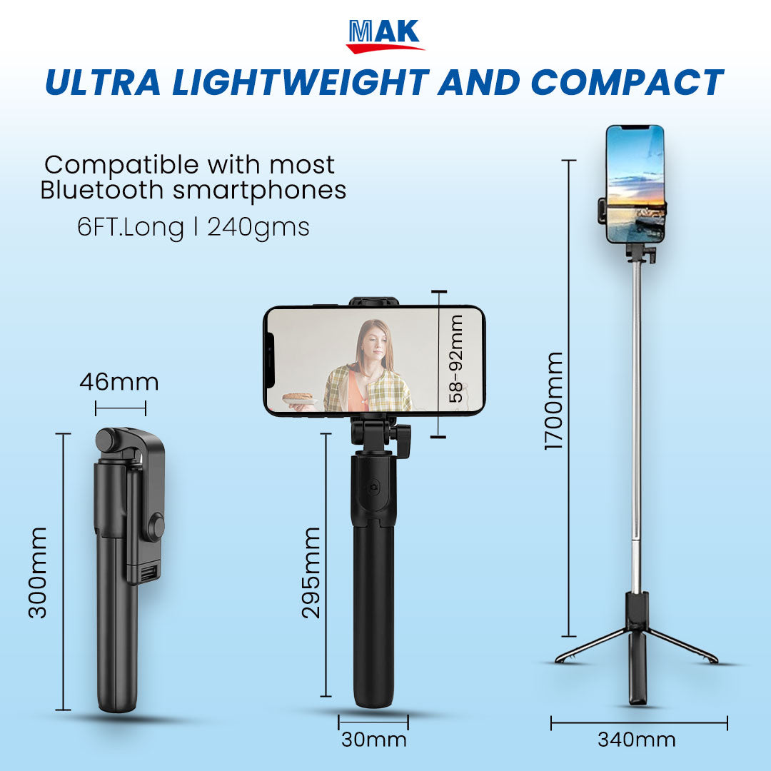 MK-R1(L) Bluetooth Selfie Stick with Extendable Tripod Stand, Remote & 360 Rotating Head, 67 inch (6 Ft.) Long