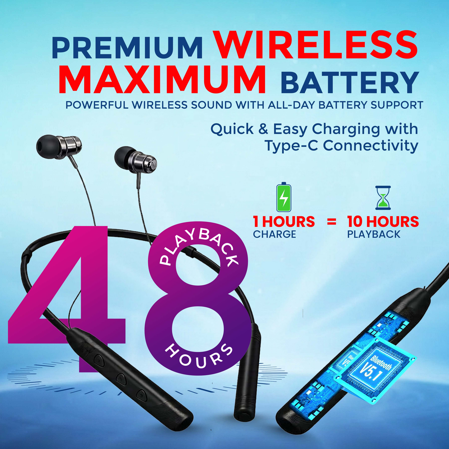MK-710 Wireless Neckband with 48H Battery, HD Sound & Magnetic Earbuds (Black)