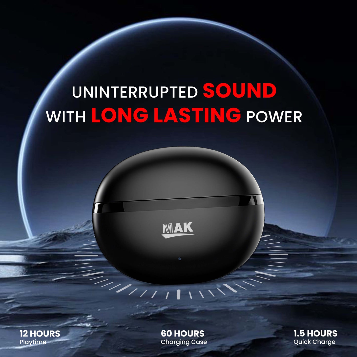 MK-907 TWS Earbuds with HD Sound, Deep Bass & 60Hrs Long Battery Life | Black