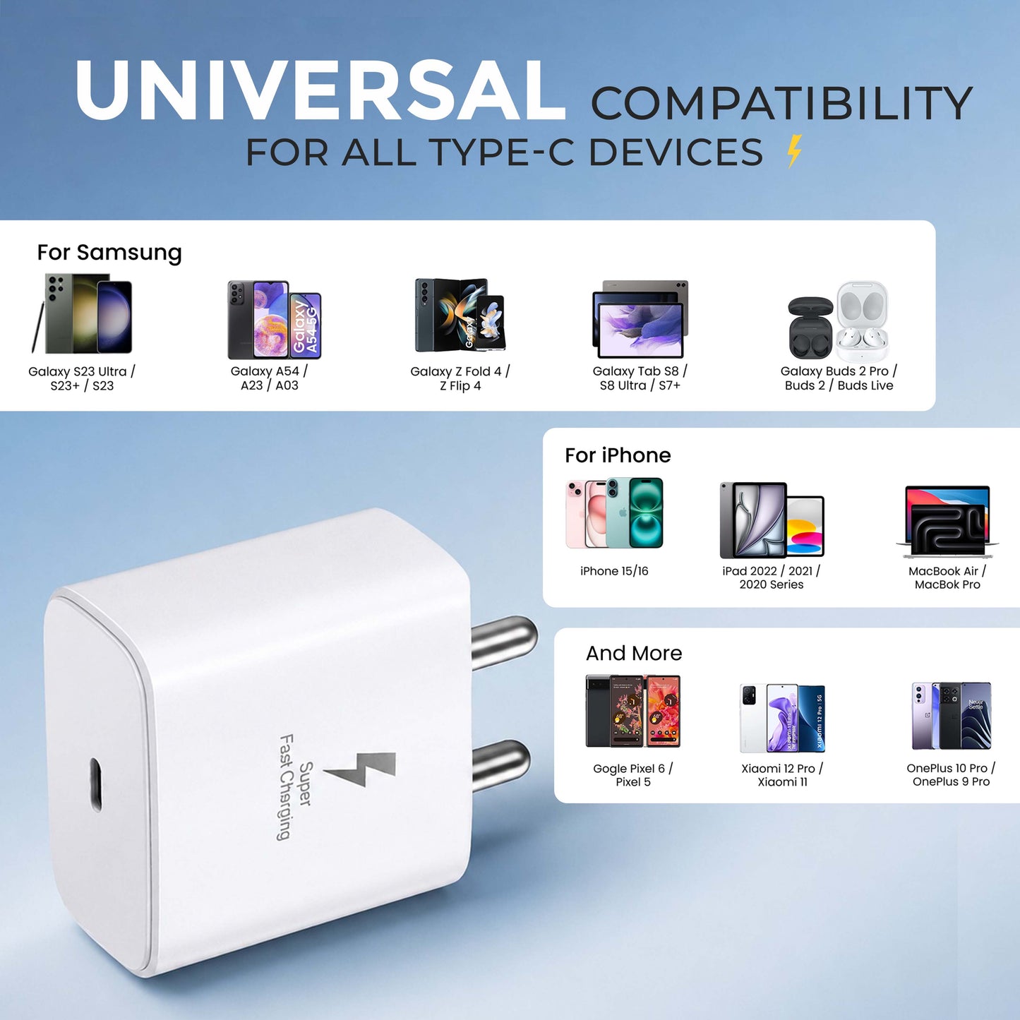 MK-417 Type C 25W Fast Charger with Type-C Cable for Samsung and other Type-C devices (White)