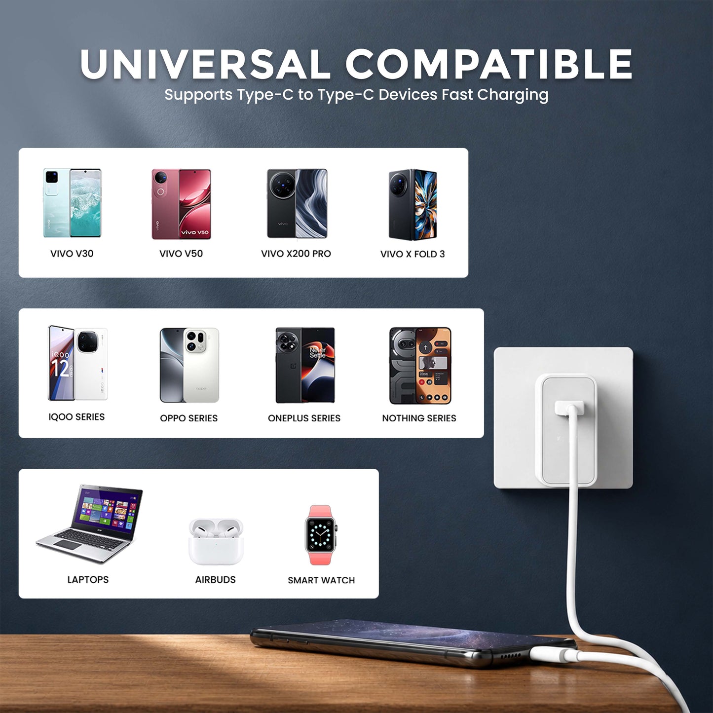 MK-444 Flash 120W  Charger with Type-C Data Cable for Vivo, iQOO, Oppo & More
