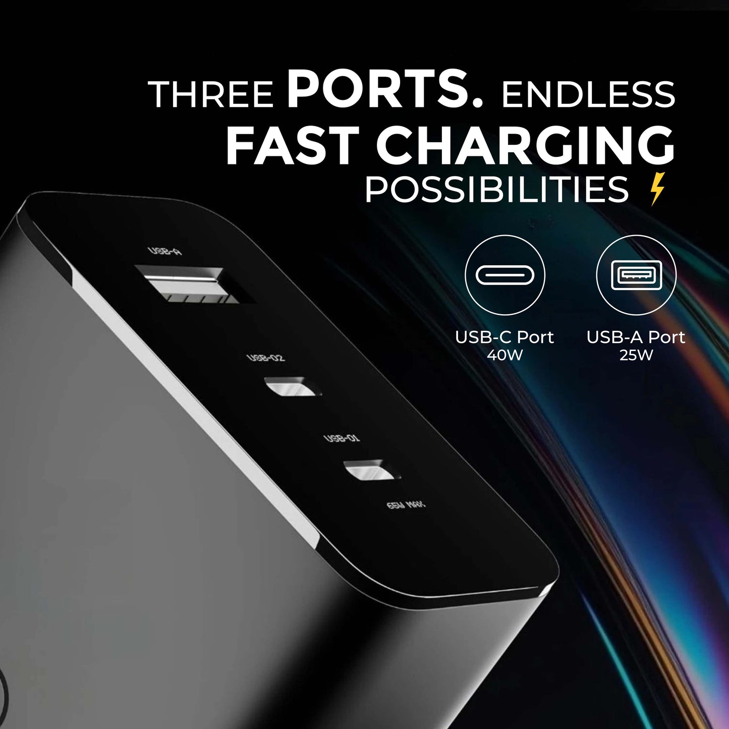MK-465 GaN 65W Triple Port Charging Adapter - USB C1 65W, USB C2 45W, USB A 18W (Black)