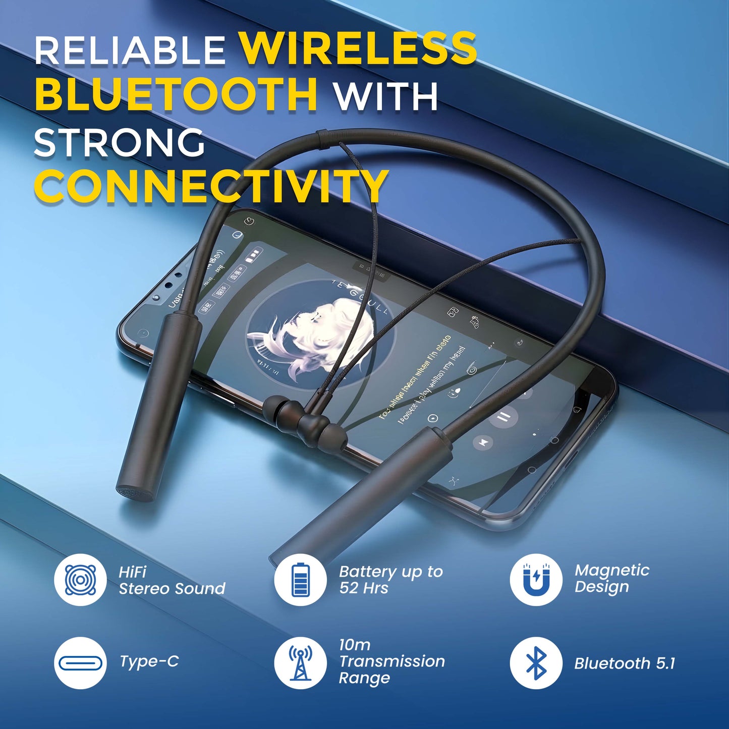 MK-709 Wireless Neckband with 52H Battery Backup, HD Audio & ENC (Black)