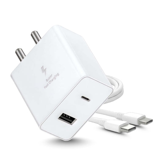 45W Dual Port Fast Charger with Type-C to Type-C Cable (White) | 20W USB-C PD + 25W USB-A QC Output | Fast Charging Adapter Combo for Smartphones & Tablets