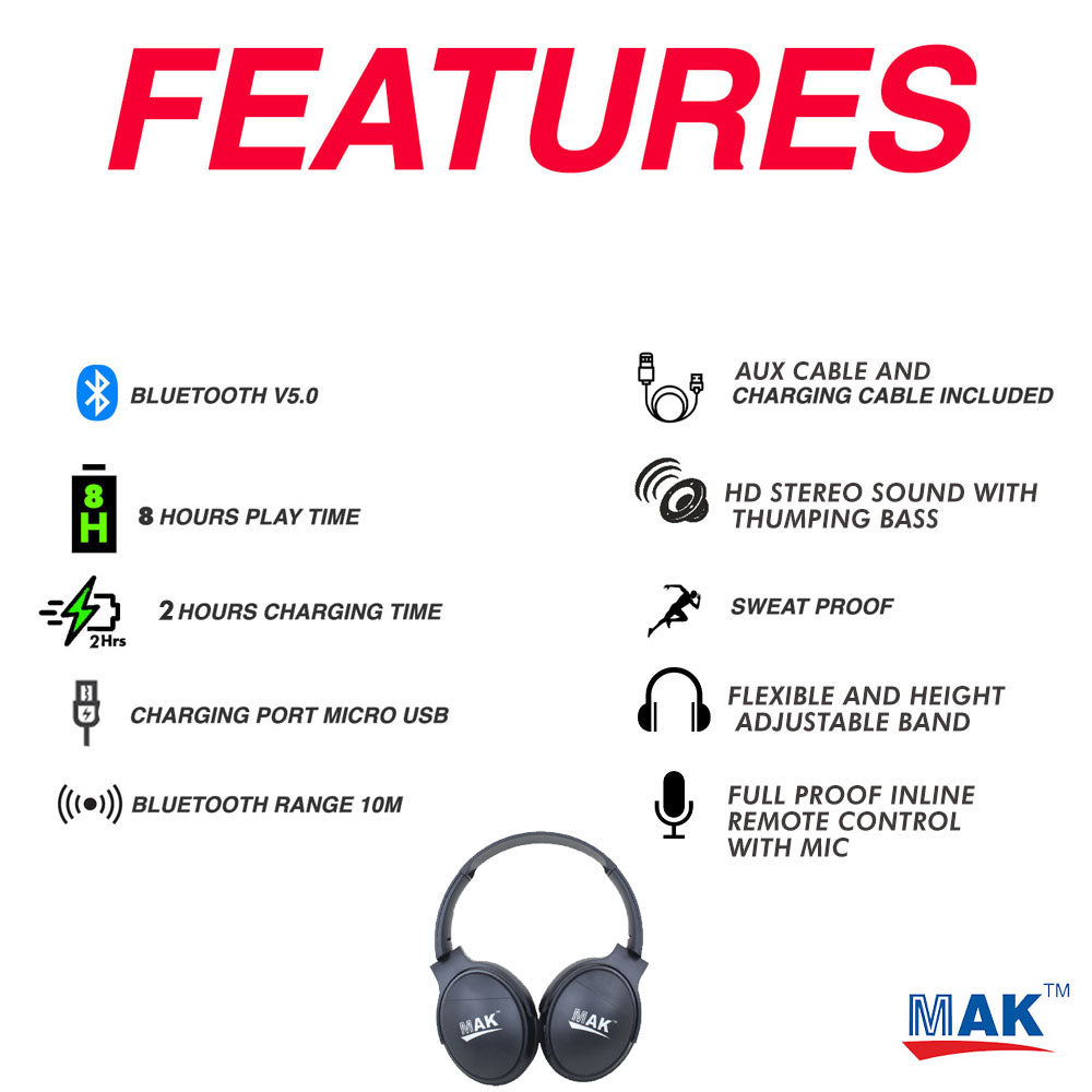MK-210 Over Ear Bluetooth Headphones with Upto 8 Hours Playback, with Mic (Black)