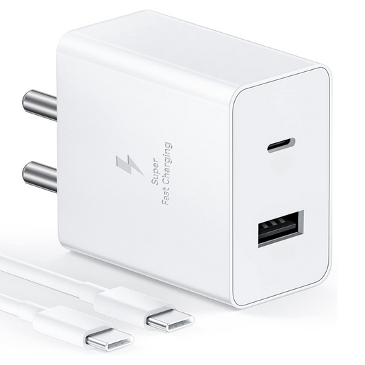 45W Dual Port Rapid Fast Type C/USB Adapter with Type C Cable, Fast Charger (White)