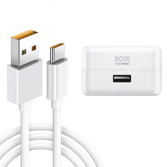80w Charger With White Cable Warp/Dash/SUPERVOOC/Dart USB Charger Compatible for Realme Devices