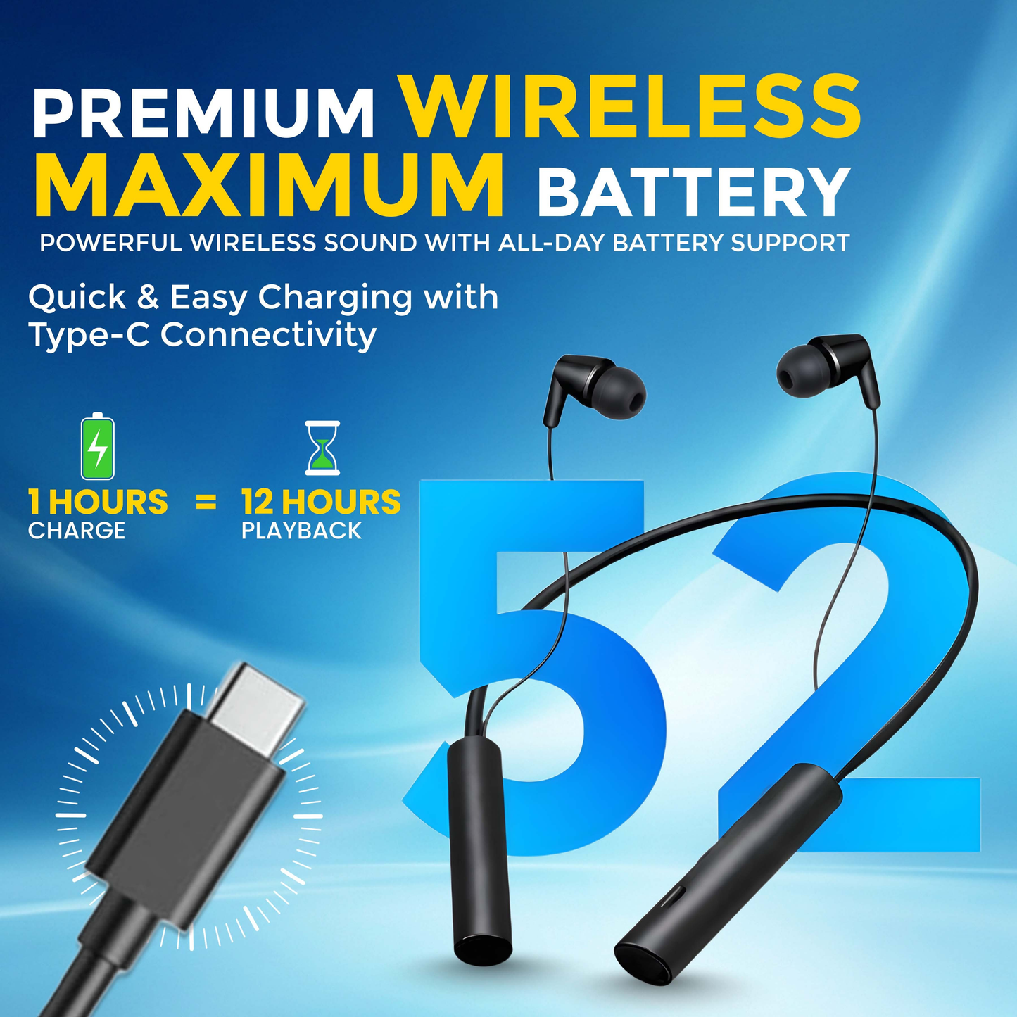 MK-709 Wireless Neckband with 52H Battery Backup, HD Audio & ENC (Black)