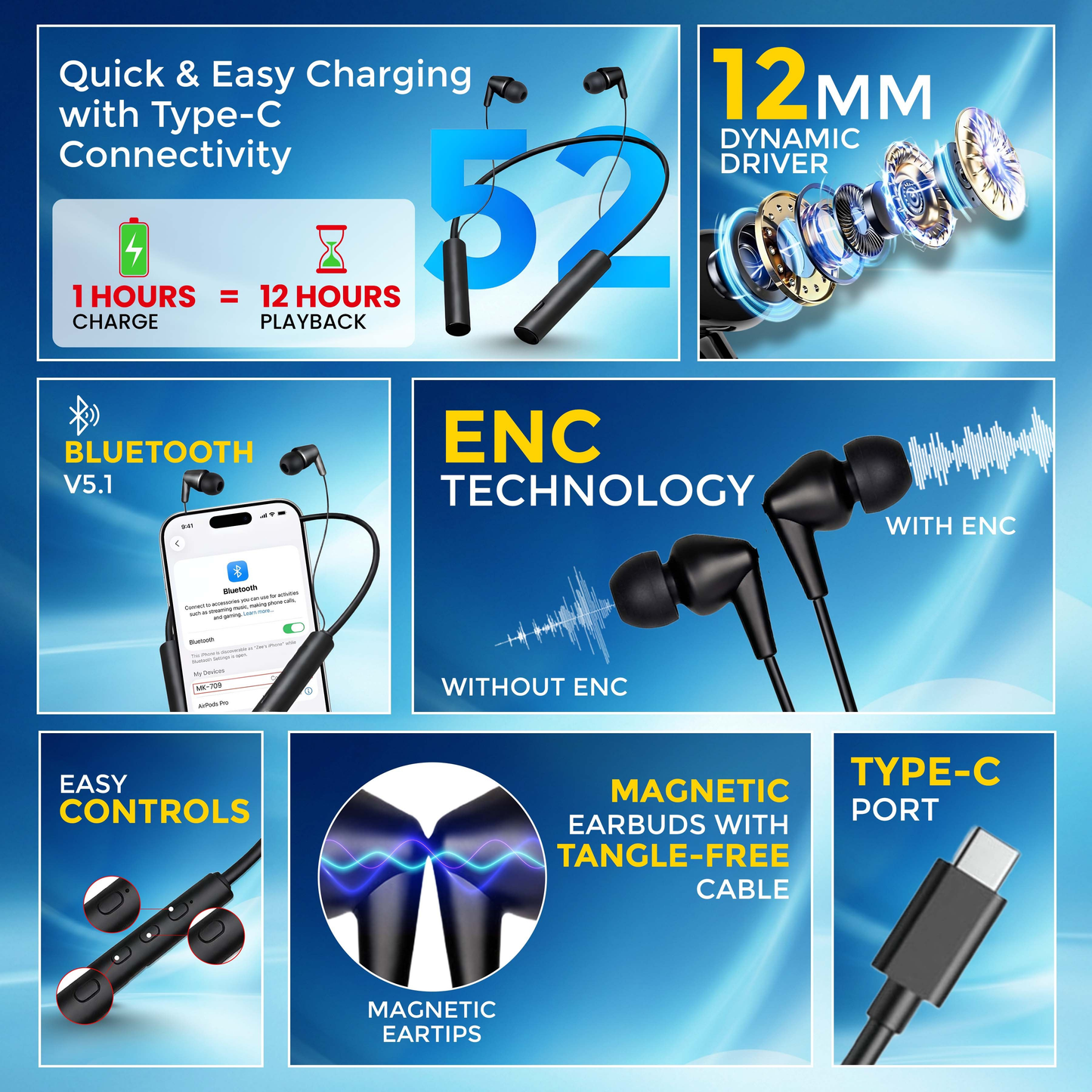 MK-709 Wireless Neckband with 52H Battery Backup, HD Audio & ENC (Black)