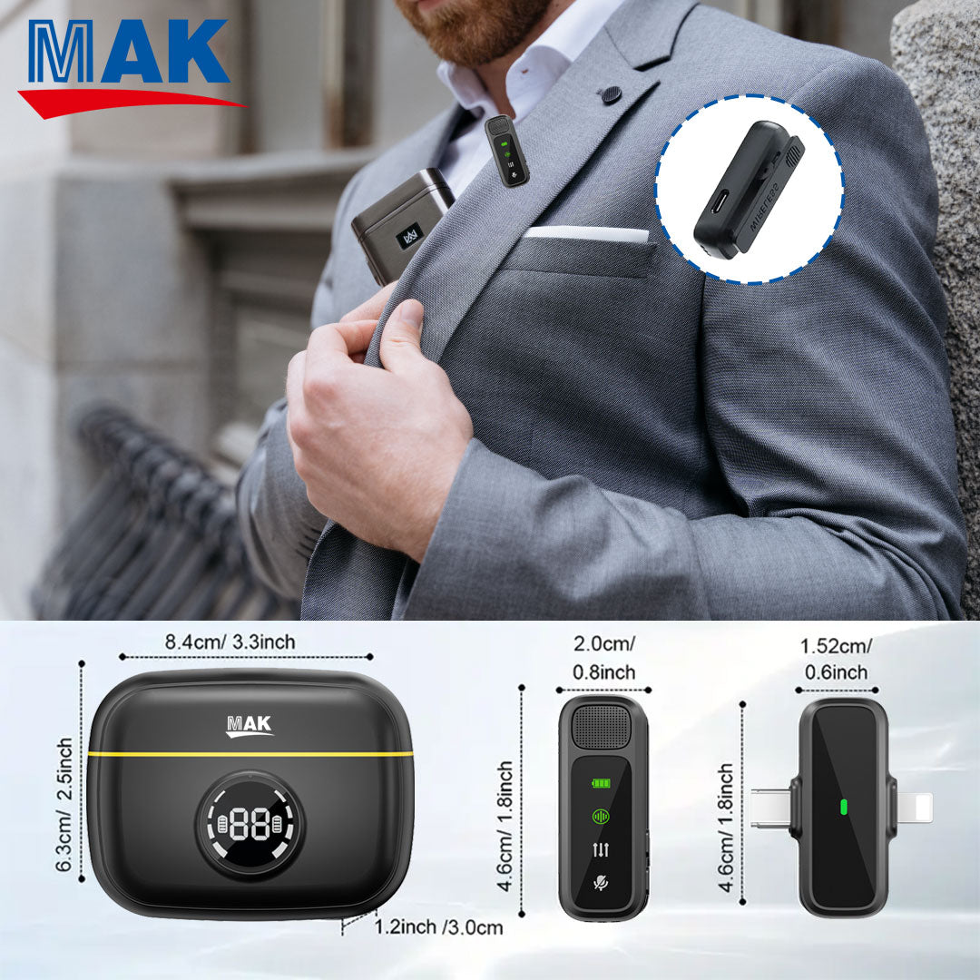 MK-30 Dual Wireless Lavalier Mic with Charging Case & Battery Display, Active Noise Cancellation (ANC) Collar Microphone