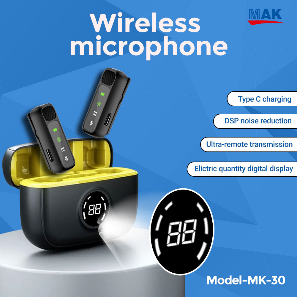 MK-30 Dual Wireless Lavalier Mic with Charging Case & Battery Display, Active Noise Cancellation (ANC) Collar Microphone