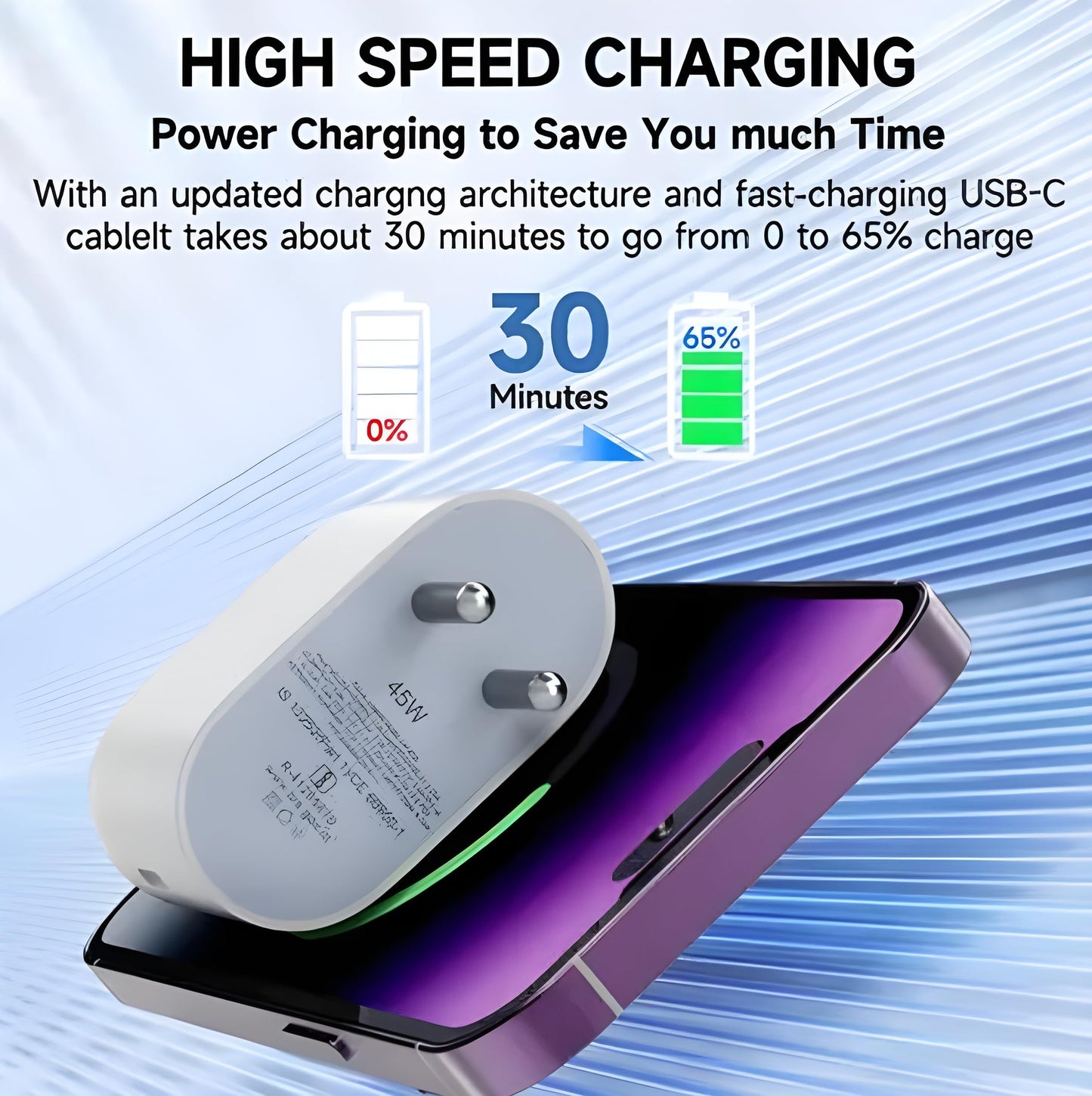 45W Quick Charge 3.1A Wall Charger with Detachable Type C to Type C Cable, Fast Charging Adapter Compatible with Android Smartphones, iPhone 15/16 Series, Tablets, Laptops, and Other USB-C Devices