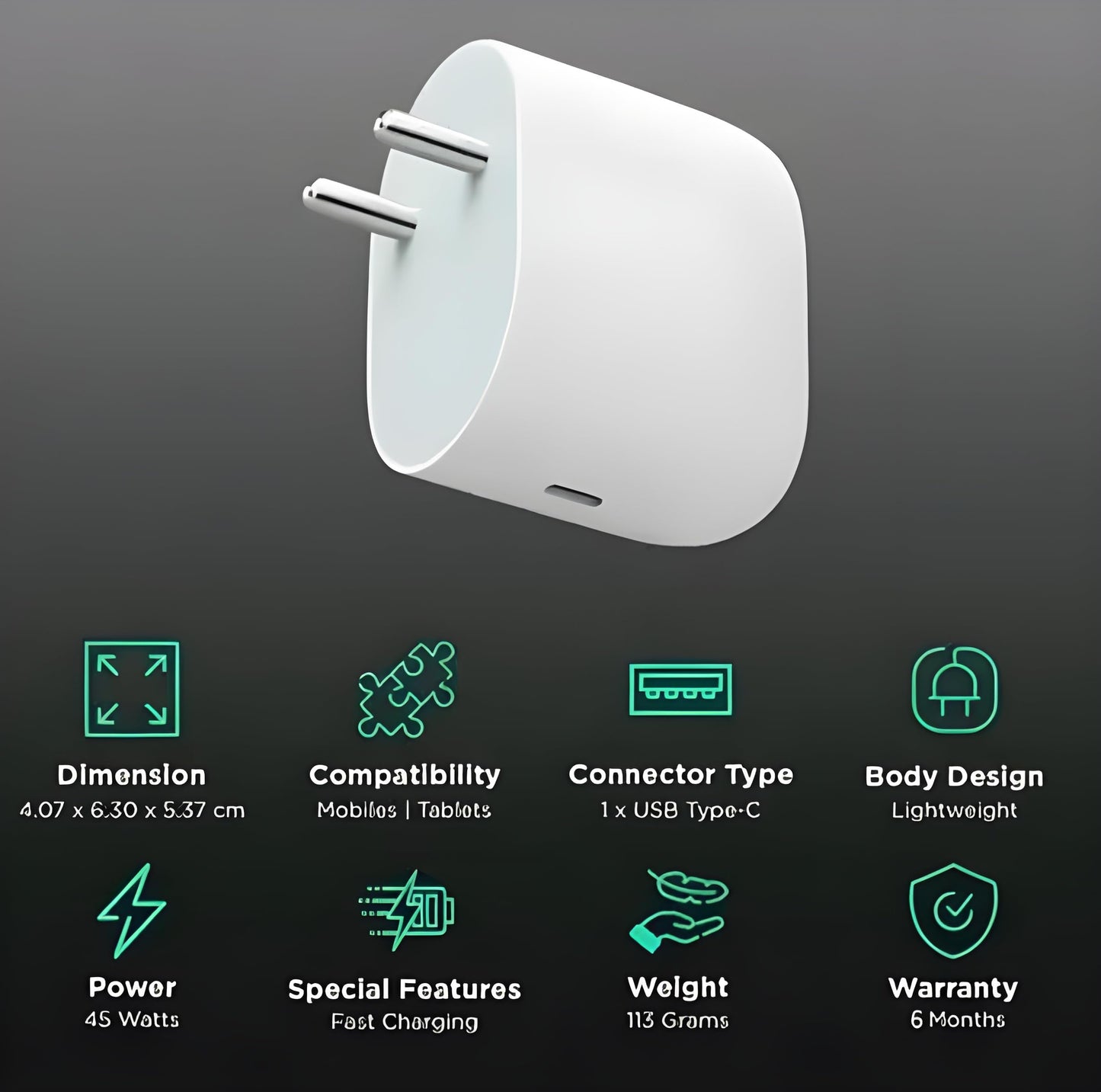 45W Quick Charge 3.1A Wall Charger with Detachable Type C to Type C Cable, Fast Charging Adapter Compatible with Android Smartphones, iPhone 15/16 Series, Tablets, Laptops, and Other USB-C Devices