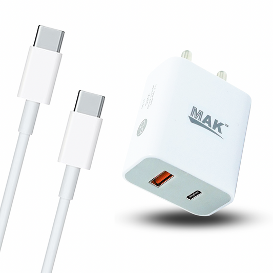 20W Rapid Mobile Charger Adapter With Type C Cable & Dual Port (USB A + PD Type C) Fast Charging