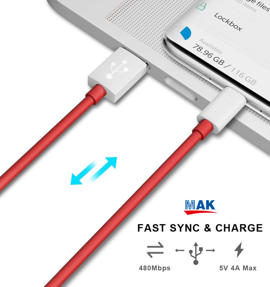 65W Fast Charging Cable USB to Type-C Charge Compatible with Oneplus & Other Devices (Red)