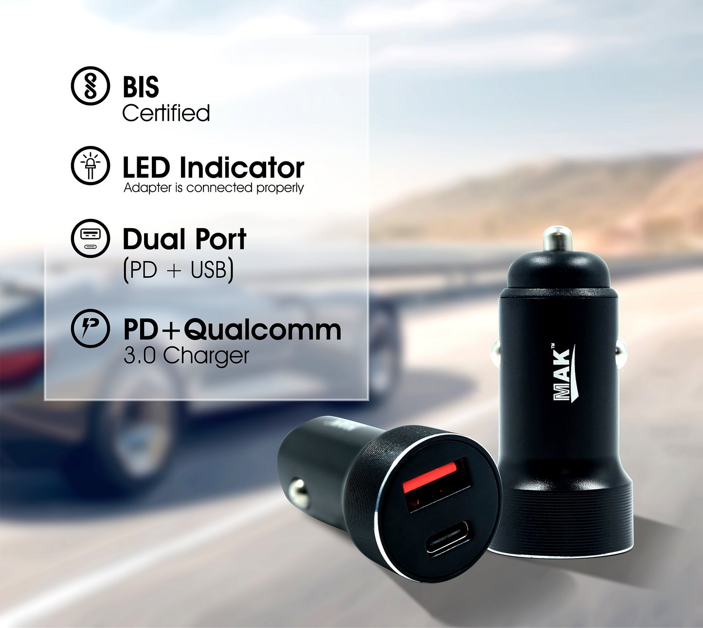 25W Dual Port Car Charger with Type C PD Cable (Black)