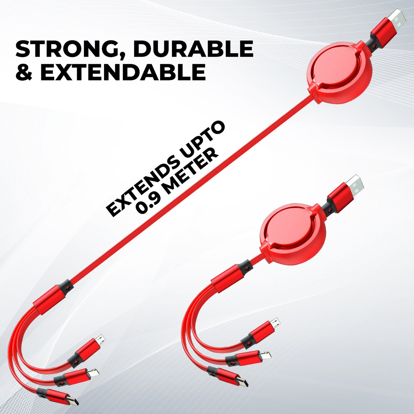 3-in-1 Retractable USB Fast Charging Cable Compatible with iPhone/Type C/Micro USB (Red)